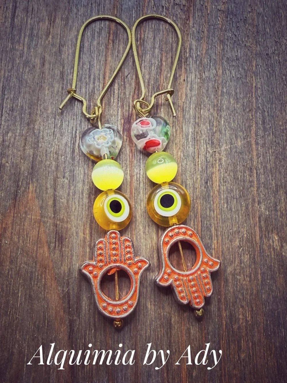 Y2K nostalgia + Yellow, orange & Gold Hamsa Evil Eye Dangle Earrings agate